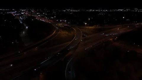 Drone shot of Highways 7 + 8 in Kitchener at night Stock Footage 291485536