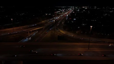 Drone shot of Highways 7 + 8 in Kitchener at night Stock Footage 291487699