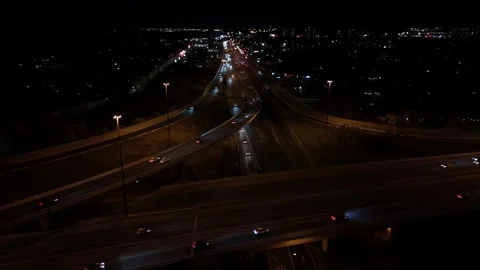 Drone shot of Highways 7 + 8 in Kitchener at night Stock Footage 291487817