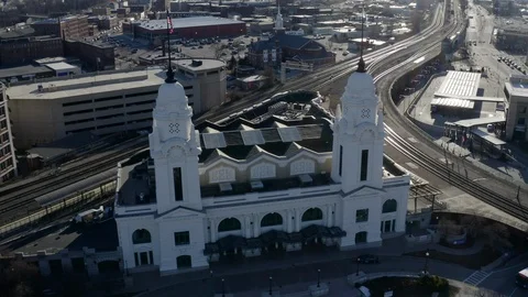 Drone Shot of a Historic Train Station Stock Footage 124151954