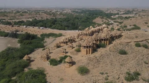 A drone shot of Historical Bada Bagh ( Barabagh ) Royal Cenotaphs, Jaisalmer Stock Footage 270092966