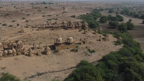 A drone shot of Historical Bada Bagh ( Barabagh ) Royal Cenotaphs, Jaisalmer Stock Footage 270093173