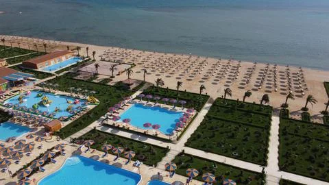 Drone shot of a hotel territory with sea and swimming pools in Hurghada, Egypt Stock Photos