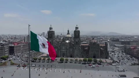 Drone Shot Of Huge Mexican Flag In Plaza De La Constitucion, Zocalo, Mexico City Stock Footage 154668772