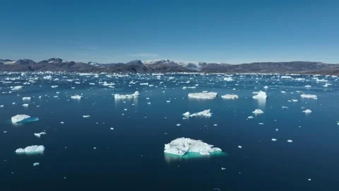 Drone shot of icebergs floating in a large fjord of East Greenland Video stock 332370944