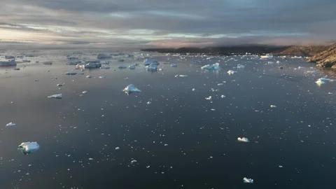 Drone shot of icebergs floating in a large fjord of East Greenland Stock Footage 332373216