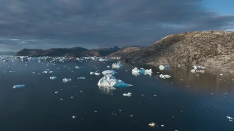 Drone shot of icebergs floating in a large fjord of East Greenland Video stock 332373649