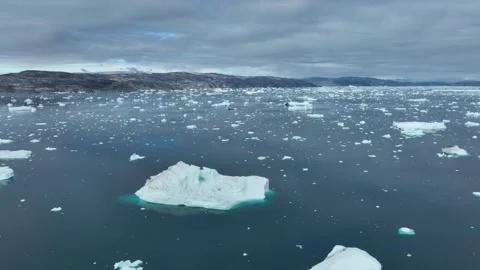Drone shot of icebergs floating in a large fjord of East Greenland Video stock 332375318