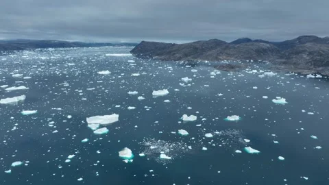 Drone shot of icebergs floating in a large fjord of East Greenland Stock-Footage 332376780
