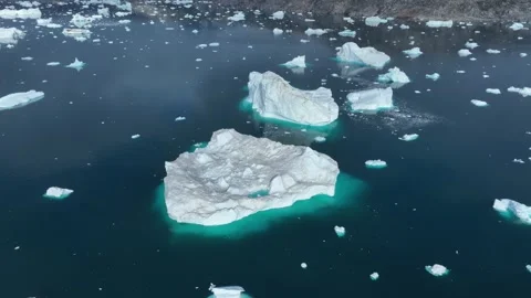 Drone shot of icebergs floating in a large fjord of East Greenland Stock Footage 332377453
