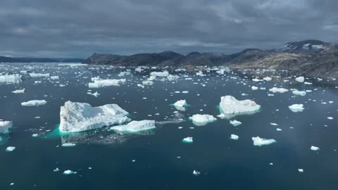 Drone shot of icebergs floating in a large fjord of East Greenland Stock-Footage 332377641