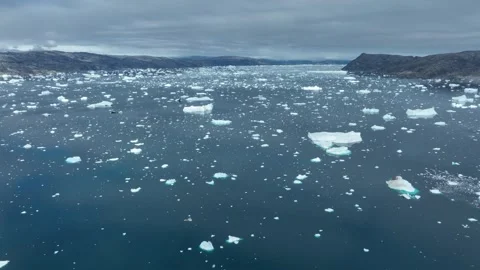 Drone shot of icebergs floating in a large fjord of East Greenland Video stock 332392058