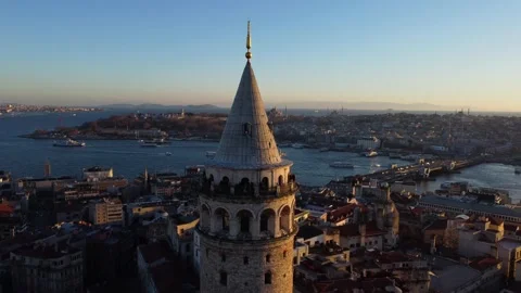 Drone shot of the iconic Galata Tower, Istanbul, Turkey 4K Stock Footage 166320735