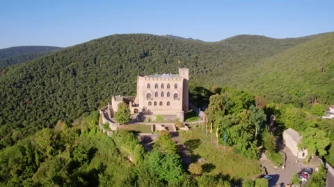 Drone Shot of Impressive Hambach Castle Surrounded by Green Hills Vídeo Stock 166146449
