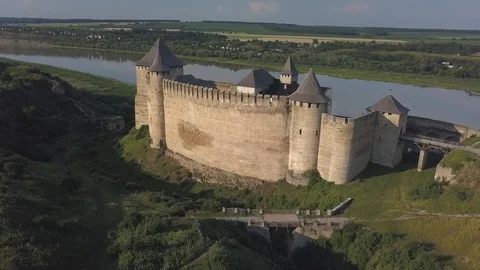 Drone shot: Impressive medieval castle Khotyn, Chernivtsi, Ukraine Stock Footage 94453241