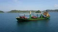 Drone shot Indonesian container ship on Flores Sea near Labuan Bajo coastline 4k or 4k+ Resolution