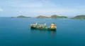 Drone shot Indonesian container ship on Flores Sea near Labuan Bajo coastline Photo