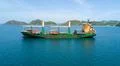 Drone shot Indonesian container ship on Flores Sea near Labuan Bajo coastline Photo