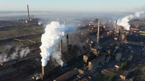 Drone shot of industrial zone with thick smog and burning fossil fuels. Stock Footage 166441073