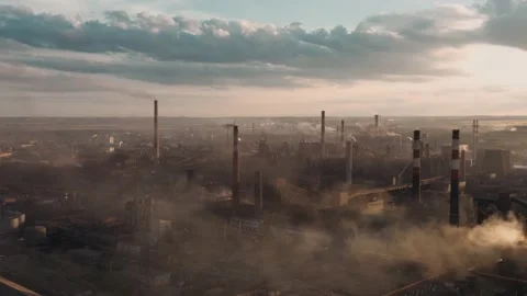 Drone shot of industrial zone with tubes and smog, air pollution Stock Footage 137172034