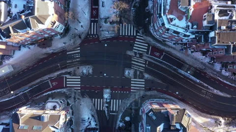 Drone shot of intersection in snowy winter. Top shot down. Amsterdam. Stock Footage 148506378