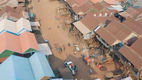 Drone shot of Kampong Phluk Floating Village in Siem Reap Cambodia Stock Footage 243412343