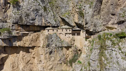 Drone Shot of Kipinas Monastery Cliffside in Epirus, Greece Stock-Footage 343850570