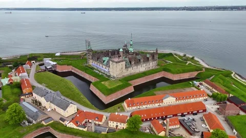 Drone shot of Kronborg Castle over moat and sea, Helsingor, Denmark Stock Footage 337643479