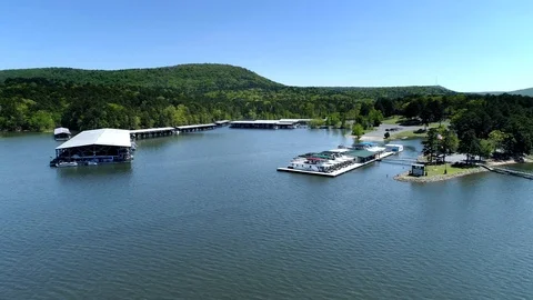 Drone Shot of Lake, Docks, and Boats Stock Footage 95947464