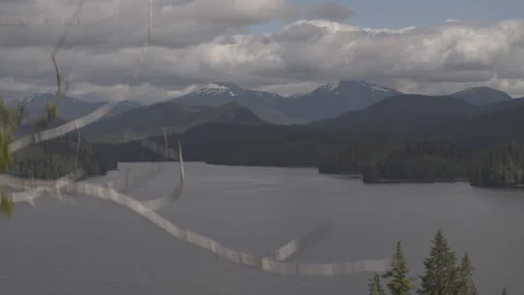 Drone shot of Lake with Pine Trees Lining and Snowy Mountains in Background Stock Footage 255319395