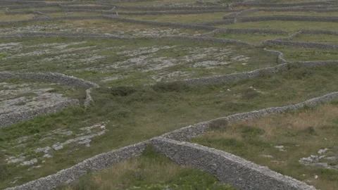 Drone shot of landscape with view of stone wall dividers on Aran Island, Ireland Stock Footage 224818066
