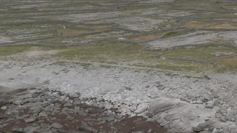 Drone shot of landscape with view of stone wall dividers on Aran Island, Ireland Stock Footage 224818067