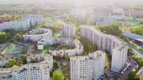 Drone shot of large block of flats, massive, concrete neighborhood. Stock Footage 145993599