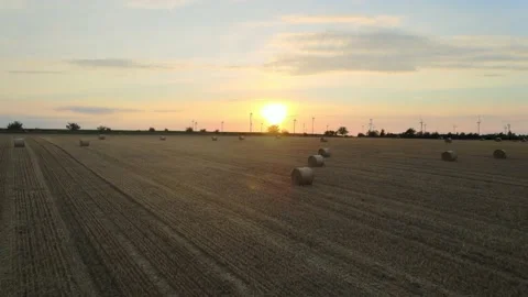 Drone shot of a late summer fields of hay rolls. Stock Footage 224555101