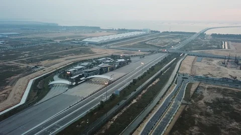 Drone shot less car move at Penang Second Bridge Toll due to lockdown Stock Footage 129418472
