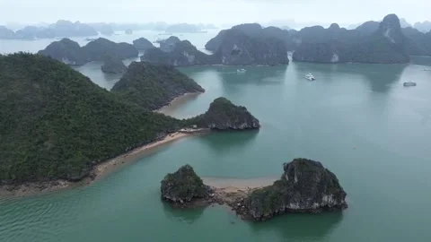 Drone Shot of Limestone Karsts and Islets in Ha Long Bay with Foggy Atmosph.. Stock Footage 326664567