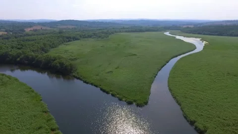 Drone shot of long, devided river Stock Footage 143937335