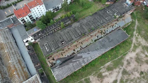 Drone shot looking down at the abandoned Swiderski factory in Leipzig, Germany Stock Footage 161881161