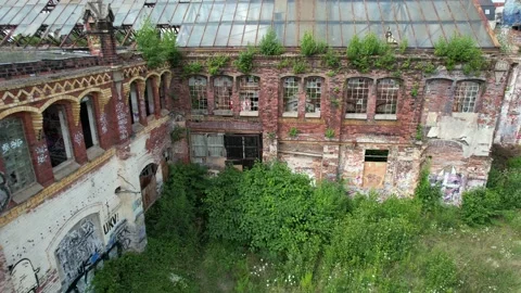 Drone shot looking down at the abandoned Swiderski factory in Leipzig, Germany Stock Footage 161882318