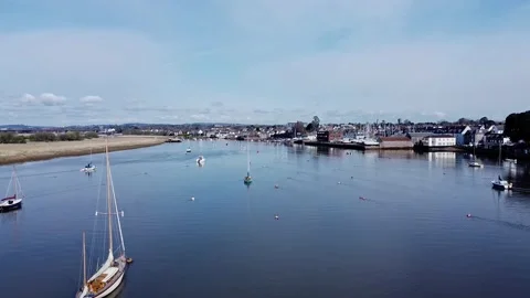 Drone Shot Looking Down The River Towards A Town Stock Footage 202591714