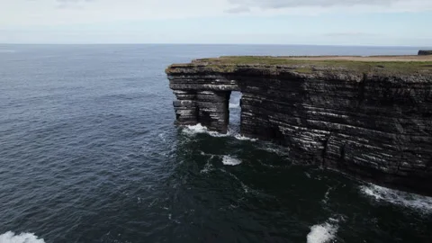 Drone Shot of Loop Head Peninsula Cliffs and Natural Arch, Ireland. Atlantic Stock Footage 344170999