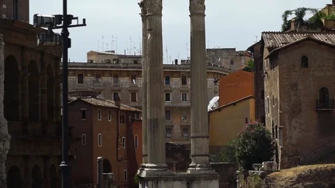 Drone shot low angle. Ancient ruins Roman Forum, Columns and stones. Europe Stock Footage 125883811