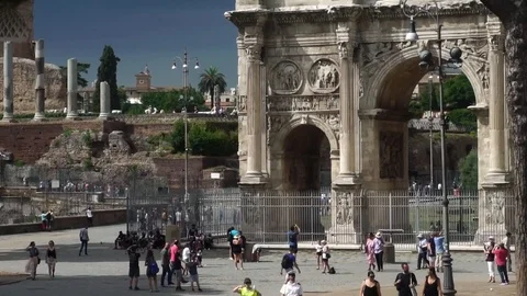 Drone shot low angle. Ancient ruins Roman Forum, Arch. Rome, Italy. Historic Video stock 125884035