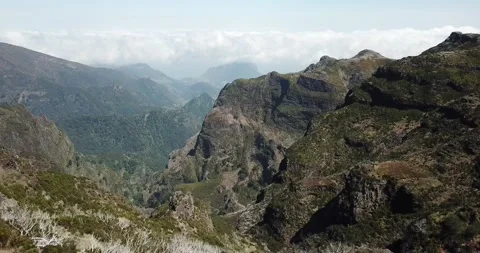 Drone shot - Low move sideways looking down steep ravine Madeira mountains Stock Footage 140623311