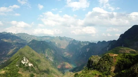 Drone shot of Ma Pi Leng Pass in Ha Giang Province, Vietnam Stock Footage 144909357