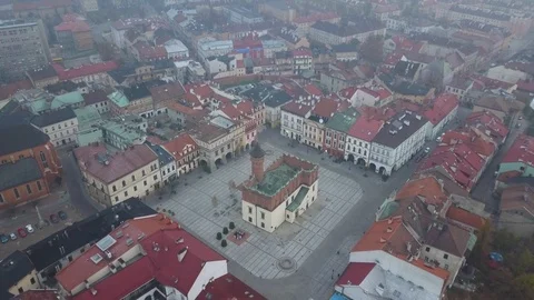 Drone Shot of Main Old Town Square and Colorful Red Roofed Buildings in Tarnow Stock Footage 90219785
