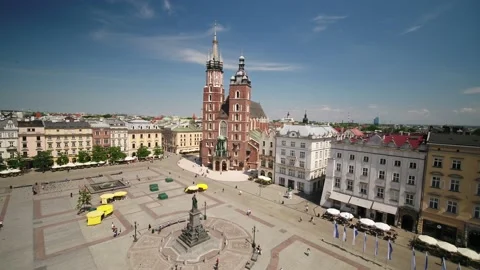Drone shot, the main square in the Old Town of Krakow - Malopolska. Stock Footage 192437167