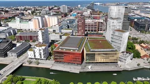 Drone shot of Malmo modern waterfront architecture, Sweden Stock Footage 336189075