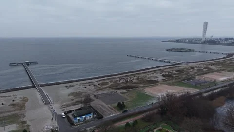Drone Shot of Malmo, Sweden on Cold WInter Day, Beach and Seafront Buildings Video stock 328232947