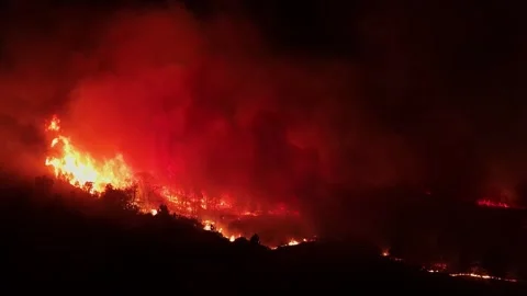Drone Shot of Massive Amazon Forest Wildfire at Night in Brazil - Aerial View Stock Footage 345376843